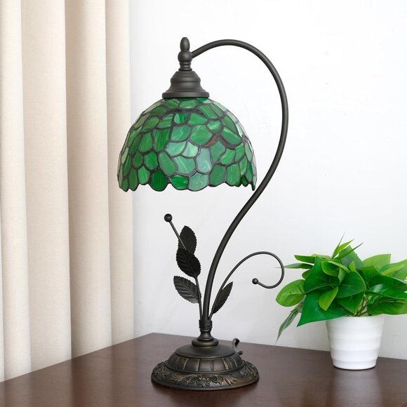 Tiffany Style Table Lamp Handcrafted Stained Glass lamp 20" H Small Green Leaf - Picture 2 of 7
